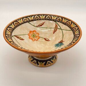 Fitz and Floyd Global Market Pedestal Bowl Brown‎ Orange Turquoise Floral 6.75"